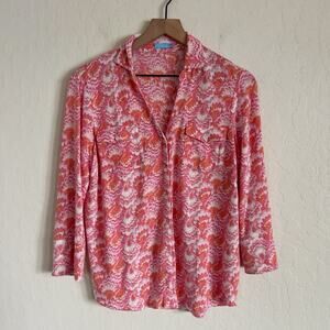 J McLaughlin Stretch Linen 3/4 Sleeve Button Down Shirt Medium Pink Floral Boho